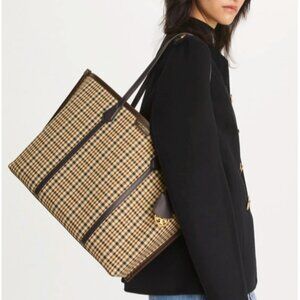 🏷️NWT: TORY BURCH PERRY TRIPLE-COMPARTMENT TOTE  - Classic Brown-tone Plaid